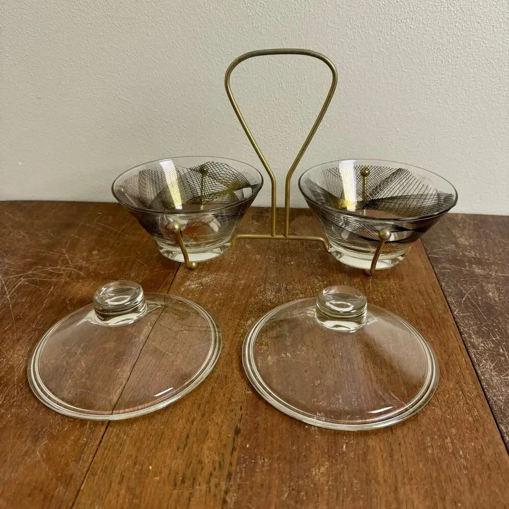MCM Vintage Retro black gold design glass condiment dishes with‎ metal holder